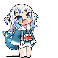 Rule 34 | 1girl, :d, barefoot, blue eyes, blue hair, blue hoodie, blush, chibi, drawstring, fins, fish tail, full body, gawr gura, gawr gura (1st costume), hair ornament, hololive, hololive english, hood, hood down, hoodie, kanikama, long hair, long sleeves, lowres, multicolored hair, open mouth, shadow, shark tail, sharp teeth, silver hair, sleeves past wrists, smile, solo, standing, streaked hair, tail, teeth, two side up, virtual youtuber, white background, wide sleeves