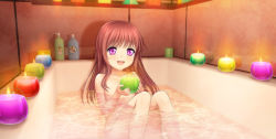 Rule 34 | 1girl, :d, bath, bathtub, bottle, brown hair, candle, highres, holding, holding candle, long hair, mutsuki (moonknives), nude, open mouth, original, purple eyes, sitting, smile, solo, water, yui (moonknives)