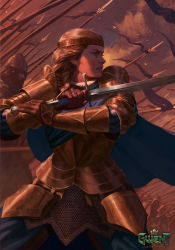 Rule 34 | 1girl, absurdres, armor, army, blonde hair, blue cape, blue pants, braid, breastplate, cape, closed mouth, commentary, couter, earrings, english commentary, faulds, fighting stance, from side, full armor, gauntlets, gwent (game), headband, highres, holding, holding sword, holding weapon, jewelry, logo, manuel castanon, meve (witcher), official art, outdoors, pants, pauldrons, people, pike (weapon), polearm, profile, shoulder armor, single braid, solo focus, stud earrings, sword, the witcher (series), two-handed, warrior, weapon