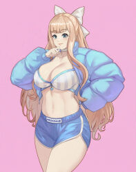 Rule 34 | 1girl, alternate costume, artist name, bikini, bikini top only, blonde hair, blue eyes, blue jacket, blue shorts, bow, breasts, charlotte (fire emblem), choker, cleavage, clothes writing, cowboy shot, fire emblem, fire emblem fates, hair bow, jacket, large breasts, long hair, long sleeves, looking at viewer, meziosaur, nintendo, open clothes, open jacket, pink background, short shorts, shorts, simple background, smile, solo, standing, swimsuit, thighs, very long hair, white bow, white choker