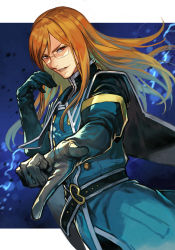 Rule 34 | 1boy, belt, belt buckle, blue background, buckle, elbow gloves, glasses, gloves, green gloves, green jacket, grin, hand up, hungry clicker, jacket, jade curtiss, long hair, long sleeves, male focus, orange hair, red eyes, smile, solo, tales of (series), tales of the abyss, upper body, wind