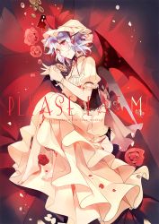 Rule 34 | 1girl, adapted costume, alternate costume, bad id, bad pixiv id, barefoot, bat wings, blue hair, choker, corset, dress, duplicate, english text, fang, flower, full body, hat, hat ribbon, kirero, layered dress, looking at viewer, lying, mob cap, on side, petals, pocket watch, pointy ears, puffy sleeves, red eyes, remilia scarlet, ribbon, ribbon choker, short hair, short sleeves, smile, solo, touhou, watch, wings