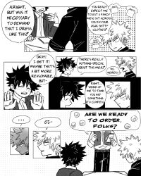 Rule 34 | 2boys, bakugou katsuki, bakuverde, boku no hero academia, closed eyes, clothes writing, collared shirt, comic, commentary, english commentary, english text, freckles, greyscale, highres, long sleeves, looking at another, male focus, midoriya izuku, monochrome, multiple boys, open mouth, shirt, short hair, sitting, speech bubble, spiked hair, standing, waiter