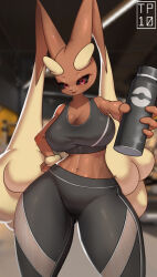 Rule 34 | absurdres, artist logo, artist name, blurry, blurry background, breasts, cleavage, creatures (company), depth of field, drink, furry, furry female, game freak, gen 4 pokemon, hand on own hip, highres, holding, holding drink, large breasts, lopunny, midriff, nintendo, pants, poke ball symbol, pokemon, pokemon (creature), solo, sports bra, sportswear, standing, tp10, watermark, yoga pants