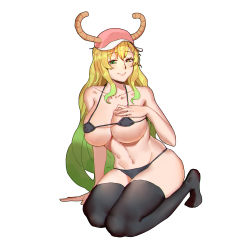 Rule 34 | 10s, 1girl, absurdres, arm at side, arm support, bare shoulders, baseball cap, bikini, black bikini, black eyes, black thighhighs, blonde hair, breasts, cleavage, closed mouth, collarbone, deng haojun, dragon girl, dragon horns, eyelashes, full body, gradient eyes, gradient hair, green eyes, green hair, groin, hair between eyes, hand on own chest, hand up, hat, heterochromia, highres, horns, kobayashi-san chi no maidragon, large breasts, legs together, lips, long hair, looking at viewer, lucoa (maidragon), micro bikini, multicolored eyes, multicolored hair, navel, pink hat, pink lips, purple eyes, seiza, simple background, sitting, skindentation, smile, solo, stomach, strap gap, string bikini, swimsuit, thighhighs, very long hair, wavy hair, white background, yellow pupils