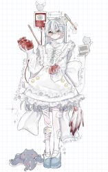 Rule 34 | 1girl, 9 jira, apron, axe, axe in head, back bow, bandaged leg, bandages, bandaid, bandaid hair ornament, blood, blood bag, bow, commentary, egg (food), expressionless, food, fried egg, frilled apron, frilled skirt, frills, full body, gauze, gauze on leg, grey halo, grid background, hair between eyes, hair ornament, halo, hand up, handheld game console, hat, heart, heart (organ), heart in eye, highres, holding, holding heart, holding organ, intravenous drip, jacket, long hair, long sleeves, looking at viewer, mop, nintendo 3ds, nurse cap, octopus, original, platform footwear, shoes, simple background, single thighhigh, skirt, sleeves past wrists, solo, sparkle, standing, symbol in eye, thighhighs, translation request, umbrella octopus, uwabaki, very long hair, white apron, white background, white bow, white jacket, white skirt, white theme, yellow eyes