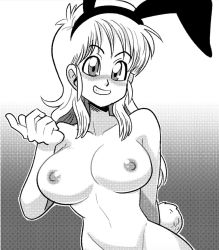 Rule 34 | 1girl, animal ears, breasts, bulma, bunny girl, curvy, dragon ball, fake animal ears, itsdatskelebutt, large breasts, long hair, looking at viewer, matching hair/eyes, monochrome, nipples, nude, rabbit ears, rabbit tail, smile, solo, tail
