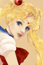 Rule 34 | 1girl, bishoujo senshi sailor moon, blonde hair, blue eyes, blue sailor collar, bow, bowtie, commentary, conniekims, crescent, crescent earrings, double bun, earrings, english commentary, highres, jewelry, light brown background, lips, looking at viewer, nose, parted lips, red bow, red neckwear, sailor collar, sailor moon, sailor senshi uniform, shirt, short sleeves, simple background, white shirt