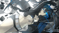 Rule 34 | 1girl, arms up, belt, belt buckle, bikini, bikini under clothes, black bikini, black hair, black jacket, black rock shooter, black rock shooter (character), black shorts, blue eyes, buckle, chain, commentary request, dutch angle, eye trail, front-tie bikini top, front-tie top, gradient background, grey background, haruri, highres, hood, hood down, hooded jacket, jacket, light trail, long hair, long sleeves, looking at viewer, motion blur, navel, open clothes, open jacket, parted lips, scar, short shorts, shorts, signature, sleeves past fingers, sleeves past wrists, solo, swimsuit, twintails, very long hair, white background, white belt