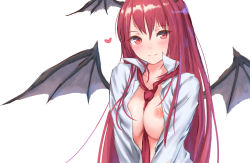 Rule 34 | 1girl, between breasts, breasts, commentary request, demon wings, hair between eyes, head wings, heart, koakuma, large breasts, long hair, long sleeves, looking at viewer, necktie, necktie between breasts, nipples, open clothes, open shirt, red eyes, red hair, red necktie, roke (taikodon), shirt, simple background, smile, solo, touhou, upper body, v arms, very long hair, white background, white shirt, wings