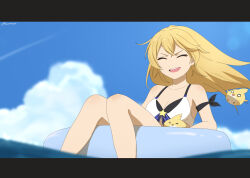 Rule 34 | 1girl, bikini, blonde hair, blue sky, breasts, cleavage, closed eyes, cloud, day, dokibird (vtuber), feet out of frame, highres, indie virtual youtuber, lendivere, long hair, medium breasts, open mouth, outdoors, sitting, sky, smile, solo, swimsuit, teeth, upper teeth only, virtual youtuber, water, white bikini