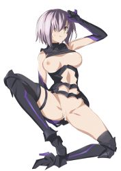 Rule 34 | 1girl, armor, bare shoulders, breasts, censored, elbow gloves, fate/grand order, fate (series), gloves, hair over one eye, mash kyrielight, navel, ningen (ningen96), nipples, purple eyes, pussy, short hair, solo, spread legs, thighhighs