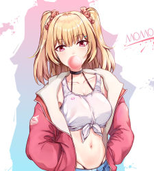 Rule 34 | 1girl, black choker, blonde hair, blue shorts, breasts, blowing bubbles, chewing gum, choker, collarbone, crop top, drop shadow, front-tie top, hair ornament, hair scrunchie, hands in pockets, highleg, highres, jacket, large breasts, long hair, long sleeves, looking at viewer, midriff, momosawa nao, navel, open clothes, open jacket, original, pink jacket, scrunchie, shirt, shorts, sleeveless, sleeveless shirt, solo, stomach, two side up, upper body, white shirt
