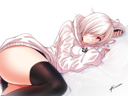 Rule 34 | 1girl, ahoge, artist name, ass, black thighhighs, breasts, commentary request, dutch angle, feet out of frame, hair over one eye, hood, hoodie, koissa, large breasts, long sleeves, looking at viewer, lying, on stomach, original, puffy sleeves, red eyes, reflection, short hair, signature, silver hair, simple background, sleeves past wrists, solo, thighhighs, thighs, white background, white hoodie