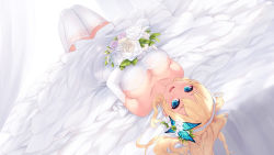 Rule 34 | 1girl, bare shoulders, blonde hair, blue eyes, blush, boku wa tomodachi ga sukunai, bouquet, breasts, bride, bug, butterfly, butterfly hair ornament, cait aron, cleavage, dress, elbow gloves, eyebrows hidden by hair, flower, garter straps, gloves, hair ornament, highres, insect, kashiwazaki sena, large breasts, long hair, looking at viewer, lying, on back, open mouth, rose, see-through, smile, solo, thighhighs, wedding dress, white dress, white flower, white garter straps, white gloves, white rose, white thighhighs