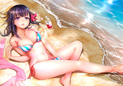 Rule 34 | 1girl, barefoot, beach, bikini, bottle, bow, breasts, collarbone, commentary request, fate/stay night, fate (series), hair bow, hand in bikini, hand in panties, large breasts, looking at viewer, lying, matou sakura, mikazuki akira!, navel, nipple slip, nipples, on back, open mouth, outdoors, panties, pink bow, purple eyes, purple hair, sand, solo, striped bikini, striped clothes, swimsuit, towel, underwear, vertical-striped bikini, vertical-striped clothes, water, water bottle