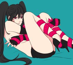 Rule 34 | 1girl, arm belt, black hair, black shorts, blue background, covering privates, covering breasts, crossed arms, elbow gloves, facial mark, fingerless gloves, genderswap, genderswap (mtf), gloves, high heels, leg belt, legs folded, long hair, looking at viewer, lying, menma (naruto), naruko (naruto), naruto, naruto: road to ninja, naruto (series), on back, red eyes, shorts, solo, topless, twintails, very long hair