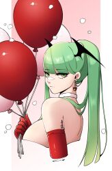 Rule 34 | 1girl, balloon, bare shoulders, blunt bangs, breasts, earrings, elbow gloves, gloves, green eyes, green hair, head wings, high ponytail, highres, holding, holding balloon, jewelry, large breasts, morrigan aensland, red gloves, shinibun, solo, twitter username, vampire (game), wings