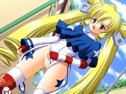 Rule 34 | 1girl, ayase jun, blonde hair, blue capelet, blush, building, bush, capelet, clothing aside, cloud, fingerless gloves, gloves, hair ornament, iwaki lux, leg tattoo, leotard, leotard aside, light rays, long hair, long sleeves, looking down, open mouth, peeing, print capelet, purple eyes, pussy, red gloves, red thighhighs, ringlets, rizelmine, sky, standing, star (symbol), star print, star tattoo, striped clothes, striped gloves, sunbeam, sunlight, tattoo, thighhighs, twintails, uncensored, underwear, wall, white leotard, zipper