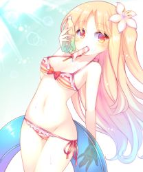 Rule 34 | 1girl, azur lane, bare arms, bare shoulders, bikini, bikini pull, blonde hair, blue hair, blue innertube, blush, bottle, bow, bow bikini, breasts, cameltoe, cleveland (azur lane), clothes pull, collarbone, commentary request, day, flower, food, food in mouth, gradient hair, groin, hair flower, hair ornament, holding, holding bottle, holding swim ring, innertube, leaning back, long hair, looking at viewer, medium breasts, mouth hold, multicolored hair, navel, one side up, outdoors, parted lips, popsicle, red eyes, sakurato ototo shizuku, side-tie bikini bottom, solo, striped bikini, striped clothes, sunlight, swim ring, swimsuit, transparent, very long hair, water bottle, wet, white flower