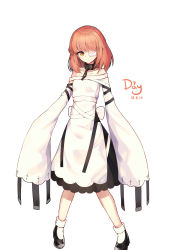 Rule 34 | 1girl, absurdres, bandages, black footwear, breasts, chain, chained, commentary request, cross, dated, dress, eyepatch, full body, highres, long sleeves, lunati, medium hair, orange eyes, original, red hair, shoes, simple background, sleeves past fingers, sleeves past wrists, small breasts, socks, solo, standing, white background, white dress, wide sleeves