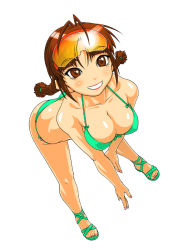 Rule 34 | 1girl, akizuki ritsuko, ankle lace-up, ass, bent over, bikini, blush, breasts, brown eyes, brown hair, cleavage, cross-laced footwear, front-tie top, glasses, green bikini, happy, highres, idolmaster, idolmaster (classic), large breasts, lipstick, makeup, murazono, nail polish, red nails, sandals, shiny skin, short hair, smile, solo, sunglasses, swimsuit, twintails