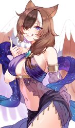 Rule 34 | 1girl, animal ears, arabian clothes, armlet, bare shoulders, blue eyes, blush, breasts, brown hair, commission, eyes visible through hair, fingernails, highres, large breasts, long hair, looking at viewer, multicolored hair, nail polish, navel, one eye closed, original, pixiv commission, purple nails, purple sleeves, ryuuno6, saliva, saliva trail, simple background, smile, thighs, white background, white hair, white wings, wings