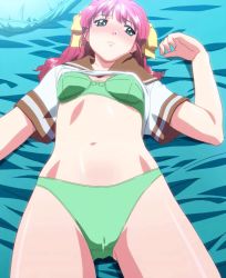 Rule 34 | animated, animated gif, blush, bra, bra pull, breasts, clothes lift, clothes pull, green panties, lingerie, lovers (game), navel, nipples, osawa hinako, panties, pink hair, school uniform, shirt lift, stitched, third-party edit, underwear, undressing