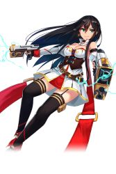 Rule 34 | &gt;:), 1girl, anti (0324), bad id, bad twitter id, bare shoulders, belt, black hair, black thighhighs, blue eyes, breasts, detached sleeves, dual wielding, dutch angle, earrings, gun, handgun, holding, jewelry, large breasts, long hair, looking at viewer, official art, skirt, smile, solo, thighhighs, thousand memories, transparent background, v-shaped eyebrows, very long hair, weapon