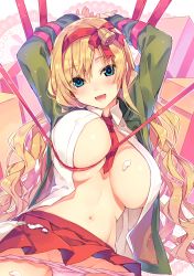 Rule 34 | 1girl, arms up, bad id, bad pixiv id, bell, blonde hair, blue eyes, bow, box, breasts, christmas, covered erect nipples, cream, deep skin, freckles, gift, gift box, hair bell, hair bow, hair ornament, hairband, large breasts, long hair, looking at viewer, natsu natsuna, navel, necktie, no bra, open clothes, open mouth, open shirt, original, panties, panty pull, pastry bag, pink panties, red necktie, ribbon, school uniform, shirt, skindentation, skirt, smile, solo, teeth, tsurime, underwear