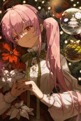 Rule 34 | 1girl, angel and devil, breasts, christmas, christmas ornaments, christmas tree, closed mouth, commentary, english commentary, eyebrows hidden by hair, flower, hair between eyes, hair ornament, halo, highres, holding, holding flower, horns, long hair, long sleeves, medium breasts, original, pink hair, puffy long sleeves, puffy sleeves, red eyes, red skirt, rednian, shirt, skirt, smile, solo, star (symbol), star hair ornament, twintails, very long hair, white flower, white shirt