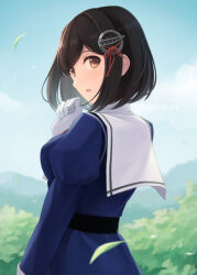 Rule 34 | 1girl, black hair, blue sky, blush, breasts, brown eyes, bush, cloud, cloudy sky, day, gloves, haguro (kancolle), haguro kai ni (kancolle), hair ornament, jacket, kantai collection, long sleeves, looking at viewer, medium breasts, military, military uniform, mountain, nature, open mouth, outdoors, purple jacket, sailor collar, short hair, sky, smile, solo, tomoyo kai, tree, uniform, white gloves, white sailor collar