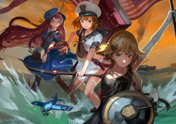 Rule 34 | 10s, 3girls, :d, aircraft, airplane, american flag, blue eyes, bow (weapon), brown eyes, brown hair, enterprise (pacific), holding, jeanex, kantai collection, long hair, looking at viewer, machinery, mecha musume, multiple girls, open mouth, original, pacific (kancolle), pantyhose, personification, red hair, short hair, smile, turret, united states, uss enterprise (cv-6), uss mahan (dd-364), uss maury, uss maury (dd-401), water, weapon, wind