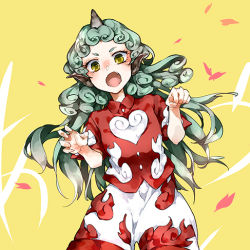 Rule 34 | 1girl, bad id, bad pixiv id, collared shirt, cowboy shot, green hair, horns, kikuichi monji, komano aunn, lowres, open mouth, pointy ears, shirt, short sleeves, single horn, solo, touhou, yellow background, yellow eyes