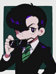 Rule 34 | 1boy, a (poipiku 325815), black eyes, black hair, black jacket, black suit, border, bright pupils, collared shirt, commentary, film grain, formal, green background, green necktie, grin, hair over one eye, hand on own hip, highres, holding, holding removed eyewear, jacket, long sleeves, looking at viewer, male focus, necktie, outside border, rock (tezuka osamu), shirt, short hair, simple background, smile, solo, star system, striped necktie, suit, sunglasses, unworn eyewear, upper body, white border, white pupils, white shirt