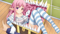 Rule 34 | 1boy, 1girl, arm grab, artist request, bare shoulders, blouse, blue gloves, blue legwear, blue shirt, blush, bra, breasts, elbow gloves, game cg, gloves, heterochromia, large breasts, looking at viewer, mimi (monster musume), mimic, mimic chest, monster musume no iru nichijou, monster musume no iru nichijou online, official art, pink background, pink bra, pink hair, pointy ears, purple eyes, red eyes, see-through, see-through shirt, sharp teeth, shirt, smile, striped clothes, striped gloves, striped legwear, striped shirt, striped thighhighs, teeth, tentacles, thighhighs, underwear, white gloves, white legwear, white shirt