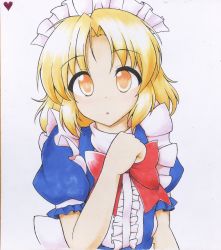 Rule 34 | 1girl, :o, aka tawashi, blonde hair, bow, breasts, center frills, commentary request, frills, looking at viewer, maid, maid headdress, medium hair, mugetsu (touhou), parted bangs, puffy short sleeves, puffy sleeves, red bow, shikishi, short sleeves, simple background, small breasts, solo, touhou, touhou (pc-98), traditional media, upper body, white background, yellow eyes
