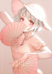 Rule 34 | 1girl, border, bow, covering own mouth, dress, folding fan, gloves, hand fan, hat, highres, holding, holding fan, looking at viewer, original, pink bow, pink dress, pink gloves, pink hat, pink theme, puffy short sleeves, puffy sleeves, red eyes, short hair, short sleeves, solo, sun hat, white hair, yomena