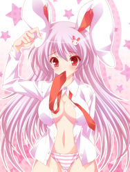 Rule 34 | 1girl, animal ears, bad id, bad pixiv id, blush, breasts, dress shirt, female focus, hair ornament, hairclip, hand on own ear, large breasts, long hair, mouth hold, navel, necktie, no bra, no pants, open clothes, open shirt, pink hair, rabbit ears, red eyes, red necktie, reisen udongein inaba, satomi hinako, shirt, solo, striped clothes, striped thighhighs, thighhighs, touhou, undone, undone necktie, white shirt