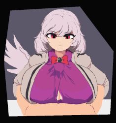 Rule 34 | 1boy, 1girl, bow, bowtie, breasts, closed mouth, clothed female nude male, commentary request, grey background, grey hair, huge breasts, kishin sagume, long sleeves, looking at viewer, namako daibakuhatsu, nude, paizuri, paizuri under clothes, pov, red bow, red bowtie, red eyes, short hair, single wing, solo focus, touhou, wings