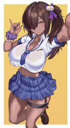 Rule 34 | 1girl, absurdres, asymmetrical hair, bead bracelet, beads, black nails, blue necktie, blue skirt, blush, bracelet, breasts, brown footwear, brown hair, cleavage, collared shirt, commentary, cropped shirt, diagonal-striped clothes, diagonal-striped necktie, english commentary, foot out of frame, goddess of victory: nikke, hair between eyes, hair ornament, hair over one eye, hair ribbon, hairclip, highres, jewelry, large breasts, long hair, looking at viewer, midriff, miniskirt, naga (nikke), nail polish, navel, necktie, nez-box, orange eyes, outstretched arm, parted lips, pleated skirt, purple ribbon, ribbon, school uniform, selfie, shirt, shoes, short sleeves, side ponytail, simple background, skindentation, skirt, smile, solo, standing, standing on one leg, striped clothes, striped skirt, thigh strap, vertical-striped clothes, vertical-striped skirt, white shirt, wing collar, wrist cuffs, yellow background