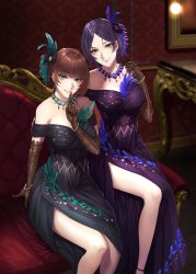 Rule 34 | 2girls, bare shoulders, blue dress, blue eyes, blue gemstone, blue hair, blush, bracelet, breasts, brown hair, cleavage, couch, damegane, dress, elbow gloves, feather hair ornament, feathers, finger to mouth, gem, gloves, green dress, green eyes, green gemstone, hair ornament, hayami kanade, heterochromia, highres, idolmaster, idolmaster cinderella girls, idolmaster cinderella girls starlight stage, index finger raised, jewelry, large breasts, looking at viewer, mole, mole under eye, multiple girls, mysterious eyes (idolmaster), necklace, parted bangs, short hair, shushing, sitting, smile, takagaki kaede, thighs, yellow eyes