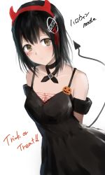 Rule 34 | 1girl, 73suke, absurdres, alternate costume, arms behind back, black dress, black hair, brown eyes, commentary, cowboy shot, demon horns, demon tail, dress, fake horns, haguro (kancolle), hair ornament, halloween costume, highres, horns, jack-o&#039;-lantern, kantai collection, looking at viewer, short hair, simple background, solo, spaghetti strap, tail, white background