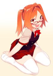 Rule 34 | 1girl, :d, beige shirt, black vest, blew andwhite, blush, bow, bowtie, buttons, collared shirt, from above, full body, glasses, hair intakes, highres, long hair, looking at viewer, looking up, open mouth, orange hair, original, pleated skirt, red-framed eyewear, red bow, red bowtie, red skirt, shirt, short sleeves, sitting, skirt, smile, solo, thighhighs, twintails, vest, wariza, wing collar, yellow eyes, zettai ryouiki