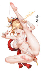 Rule 34 | 1girl, anal, anal object insertion, areola slip, armpits, arms up, arrow (projectile), bandaged chest, bandaged wrist, bandages, barefoot, blonde hair, bow (weapon), breasts, butt plug, chest tattoo, chinese commentary, chinese text, choker, cleft of venus, commentary request, da mao banlangen, feet, fire, flower tattoo, full body, genshin impact, hair ornament, high ponytail, highres, holding, holding arrow, holding weapon, improvised weapon, jewelry, kanzashi, kneepits, large breasts, leg up, legs, looking at viewer, navel, object insertion, orange eyes, panties, parted lips, pendant choker, ponytail, pubic tattoo, pussy, red choker, rope, sex toy, shimenawa, shiny skin, short ponytail, sidelocks, simple background, sitting, soles, solo, split, spread legs, stomach, string, tattoo, thighs, toe ring, toes, underwear, weapon, white background, white panties, wristband, yoimiya (genshin impact)