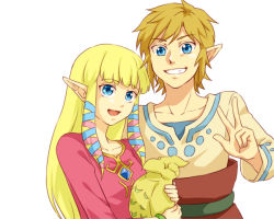 Rule 34 | 1boy, 1girl, bad id, bad pixiv id, blonde hair, blue eyes, grin, link, nintendo, pointy ears, princess zelda, saiba (henrietta), smile, the legend of zelda, the legend of zelda: skyward sword, v