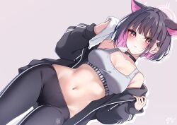 Rule 34 | 1girl, absurdres, animal ears, bare shoulders, black choker, black hair, black jacket, black leggings, blue archive, blunt ends, blush, breasts, cat choker, cat ears, choker, closed mouth, collarbone, colored inner hair, commentary, dutch angle, extra ears, grey sports bra, guri (gri1211), hair behind ear, hair ornament, hairclip, halo, highres, holding, holding towel, jacket, kazusa (blue archive), leggings, long sleeves, looking at viewer, medium breasts, medium hair, midriff, multicolored hair, navel, open clothes, open jacket, pink background, pink eyes, pink hair, pink halo, short hair, signature, sleeves past wrists, solo, sports bra, stomach, sweat, thighs, towel, track jacket, trinity general school logo, two-tone hair