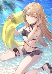 Rule 34 | 1girl, absurdres, ahoge, beach, bikini, black choker, black footwear, blush, bracelet, breasts, brown eyes, choker, collarbone, commentary request, eyebrows, frilled bikini, frills, girls&#039; frontline, hair ornament, hairclip, hand in own hair, head tilt, highres, holding, holding swim ring, innertube, jewelry, kneeling, light brown hair, lips, long hair, looking at viewer, navel, official alternate costume, parted bangs, partially submerged, ppk (foliage romance) (girls&#039; frontline), ppk (girls&#039; frontline), sakana-ko, sandals, seiza, sidelocks, sitting, small breasts, smile, swim ring, swimsuit, thighlet, very long hair, wet