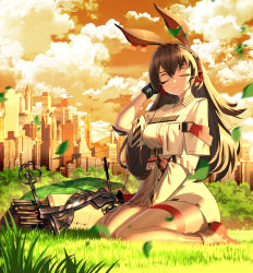 Rule 34 | 1girl, absurdres, animal ears, april (arknights), arknights, black hair, bow (weapon), city, closed eyes, cloud, compound bow, dress, grass, hand up, highres, infection monitor (arknights), leaf, long hair, orange sky, outdoors, rabbit ears, shoes, short dress, sitting, sky, smile, solo, thigh strap, thighs, wanshuibaipo, wariza, weapon, white dress