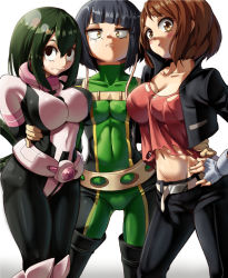 Rule 34 | 3girls, asui tsuyu, asui tsuyu (cosplay), belt, black eyes, black hair, blush stickers, bob cut, bodysuit, boku no hero academia, breasts, brown eyes, brown hair, cleavage, closed mouth, collarbone, cosplay, costume switch, cowboy shot, crop top, cropped jacket, fingerless gloves, gloves, green hair, hand on own hip, impossible clothes, jirou kyouka, large breasts, long hair, looking at viewer, looking to the side, medium breasts, midriff, multiple girls, nico-mo, pants, parted lips, short hair, simple background, uraraka ochako, white background, yellow eyes